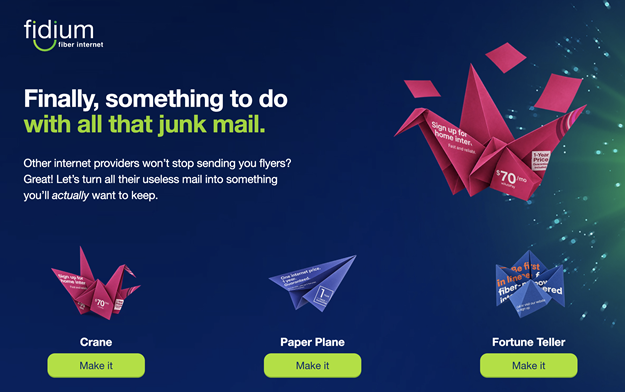 Bray & Co. Turns ISP Junk Mail Into Paper Airplanes for Fidium Fiber Internet